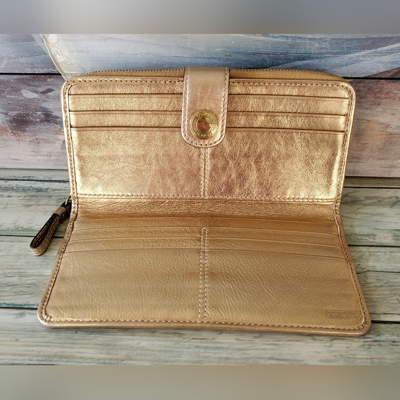 COACH Signature Stripe Full Zip Wallet Khaki/Gold Metallic F42628 - Picture 7 of 12